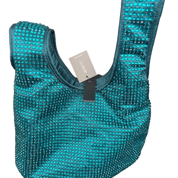 J.Crew Santorini Bag with Crystals Dark Spruce Green Satin Looped Handle NWT - Picture 8 of 9